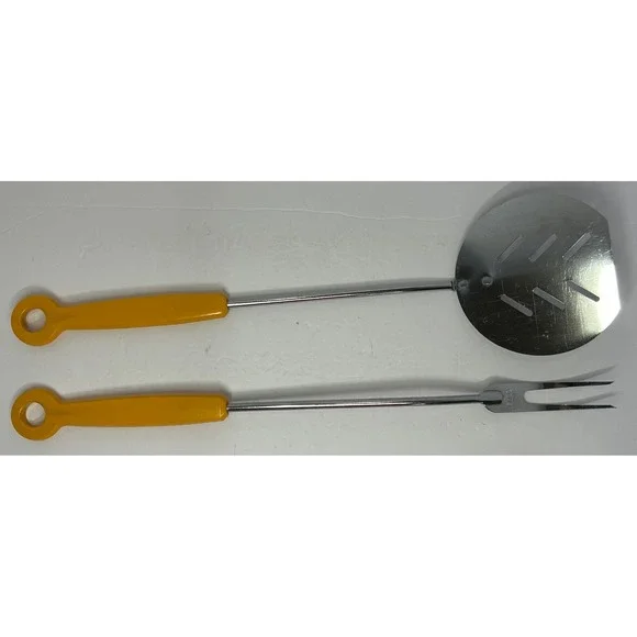 Vintage EKCO USA BBQ Utensils Set Turner Spatula‎ and Fork Yellow Handle - Picture 2 of 8
